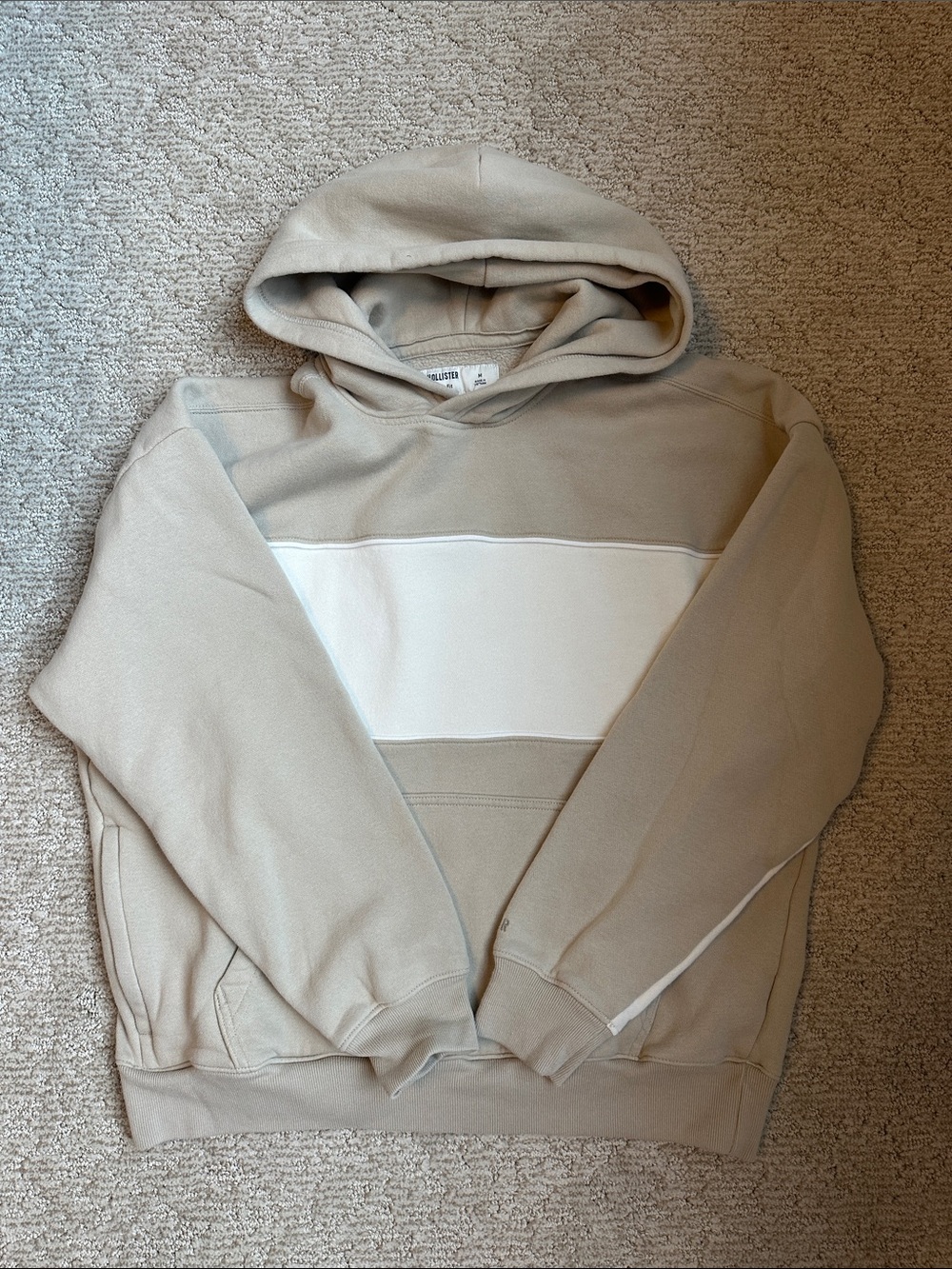 Hollister Beige Hoodie with White Chest Stripe